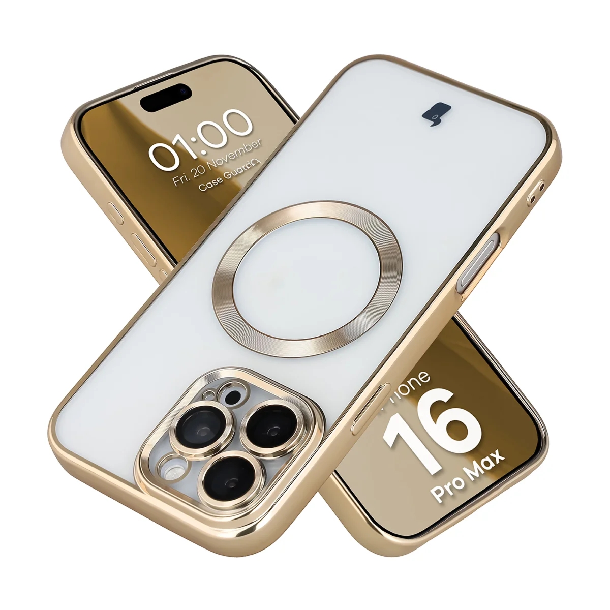 Etui z ochroną aparatu i pierścieniem magnetycznym Bizon Case GuardO do iPhone 16 Pro Max, przezroczysto-złote
