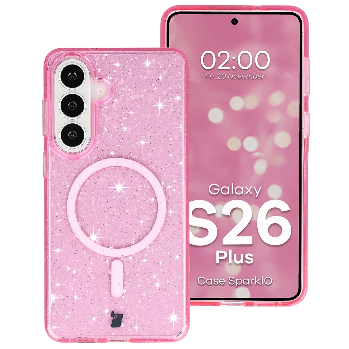 Etui brokatowe z pierścieniem magnetycznym Bizon Case SparklO do Galaxy S26 Plus, przezroczysto-różowe z brokatem
