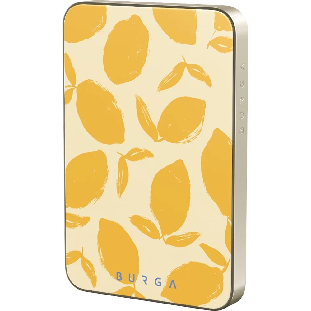 Powerbank indukcyjny Burga Magnetic Gold Lemon Tart, magnetyczny do MagSafe, Qi, USB-C, PD, 20W, 5000mAh + kabel USB-C, żółty z wzorem cytryn