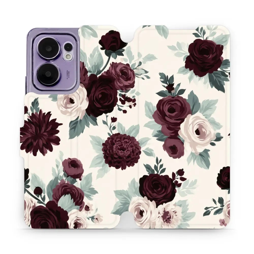 Etui z klapką do OPPO Reno13 F, Mobiwear Book, róże z szałwią na kremie