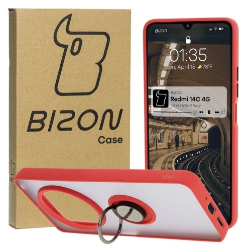 Image of Etui z uchwytem na palec Bizon Case Hybrid Ring do Xiaomi Redmi 14C 4G / POCO C75, przydymione z czerwoną ramką