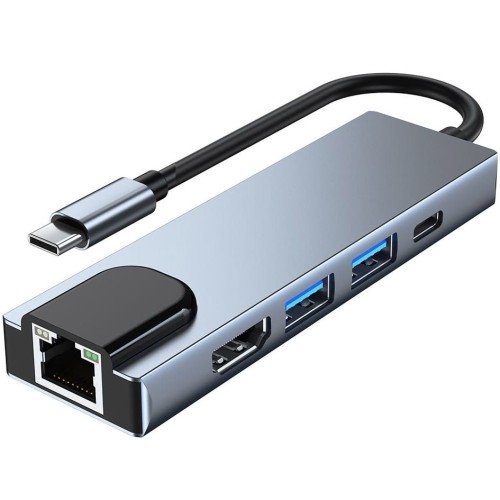 Image of Hub adapter Tech-Protect V3, 5w1 USB-C, 2x USB-A/1x USB-C/1x HDMI/1x LAN, srebrny