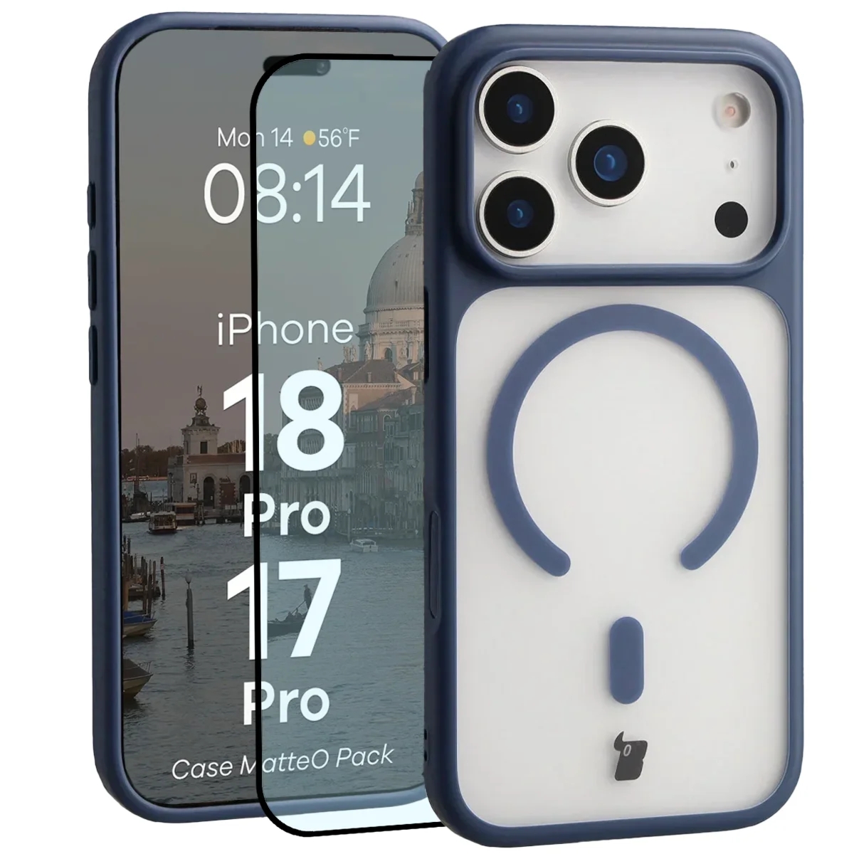 Etui z pierścieniem magnetycznym + szkło hartowane Bizon MatteO Pack do iPhone 18 Pro / 17 Pro, przydymione-granatowe