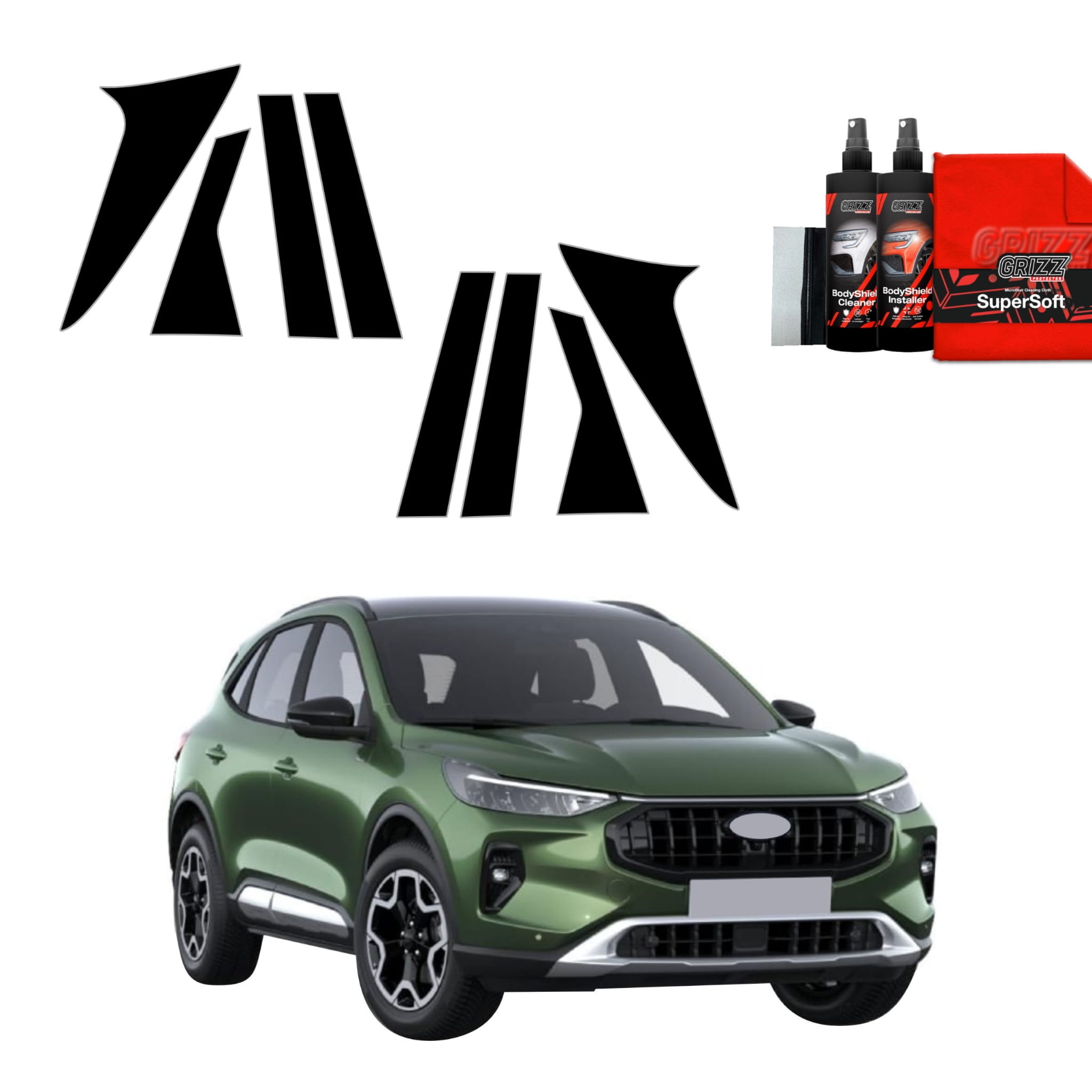 8w1 Czarna folia Grizz Protector na słupki do Ford Kuga Titanium Facelift (2024-2026)