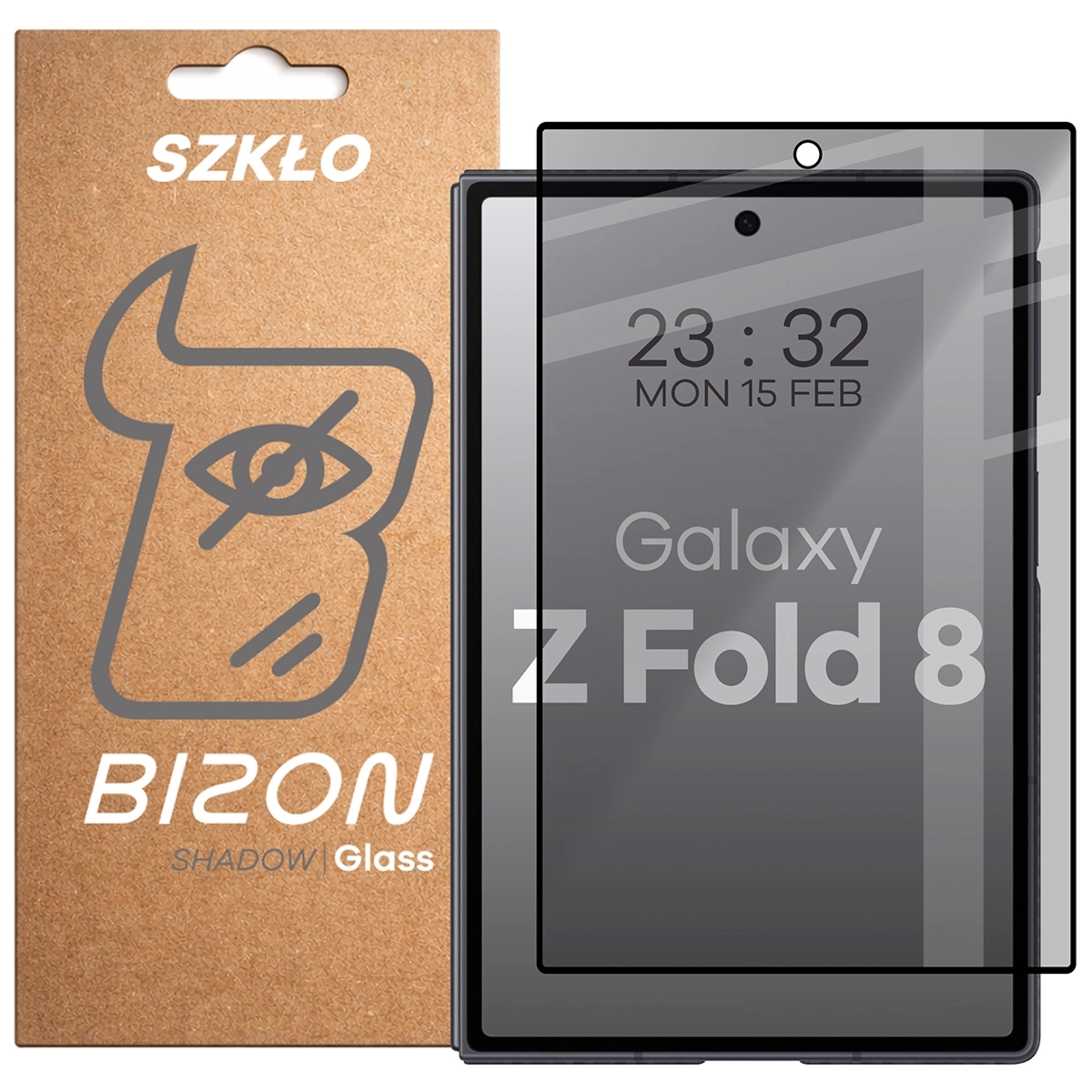 Prywatyzujące szkło hartowane Bizon Glass Edge Shadow do Galaxy Z Fold8, przyciemniane z czarną ramką
