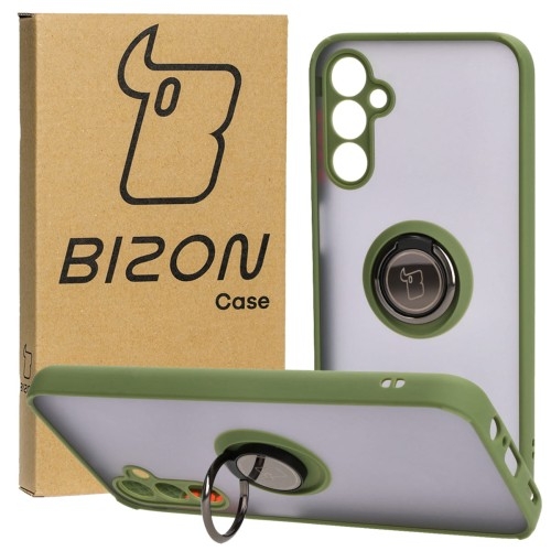 Image of Etui z uchwytem na palec Bizon Case Hybrid Ring do Galaxy M14 5G, przydymione z zieloną ramką