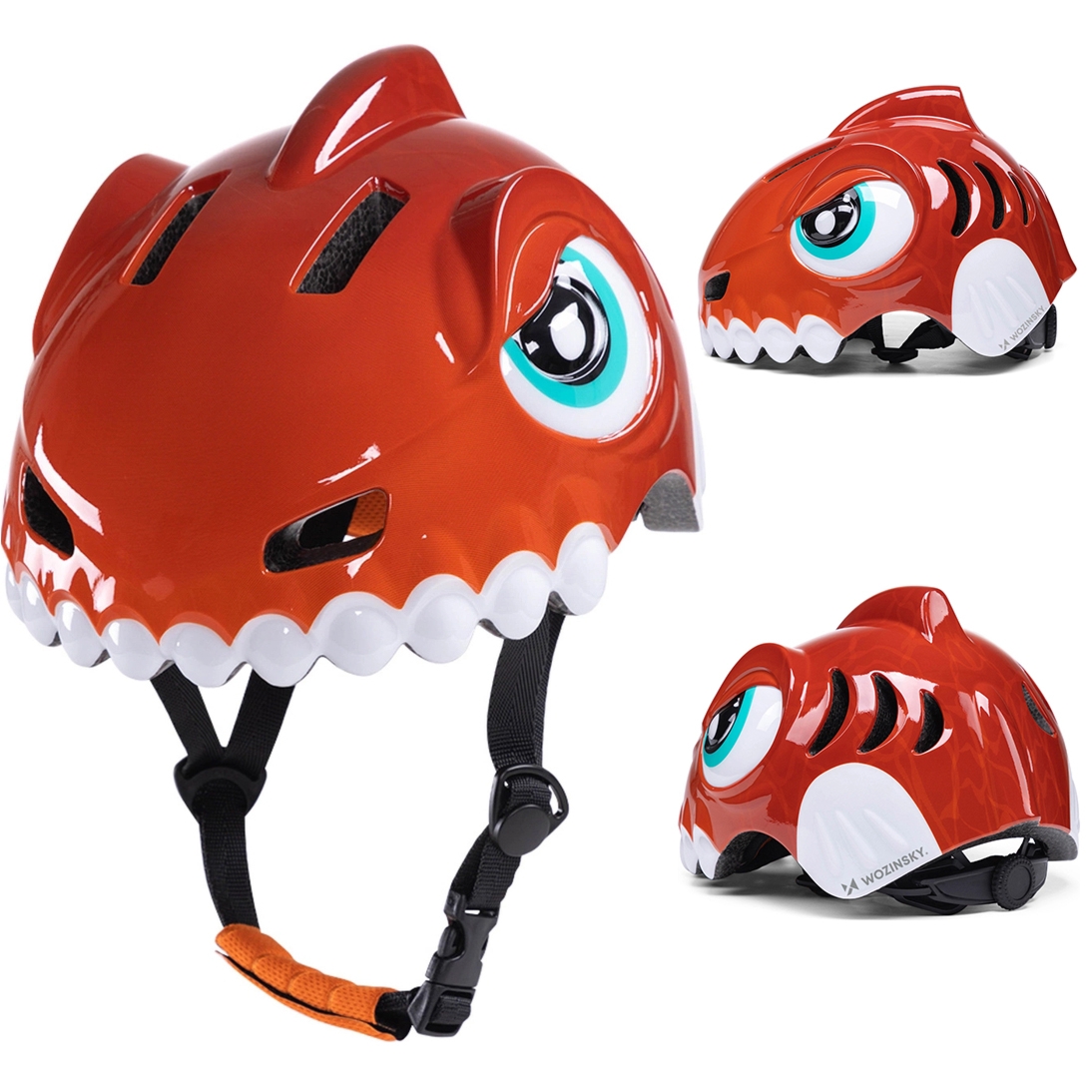 Kask rowerowy dziecięcy Wozinsky HT-62 z motywem dinozaura, 52-56 cm, czerwony