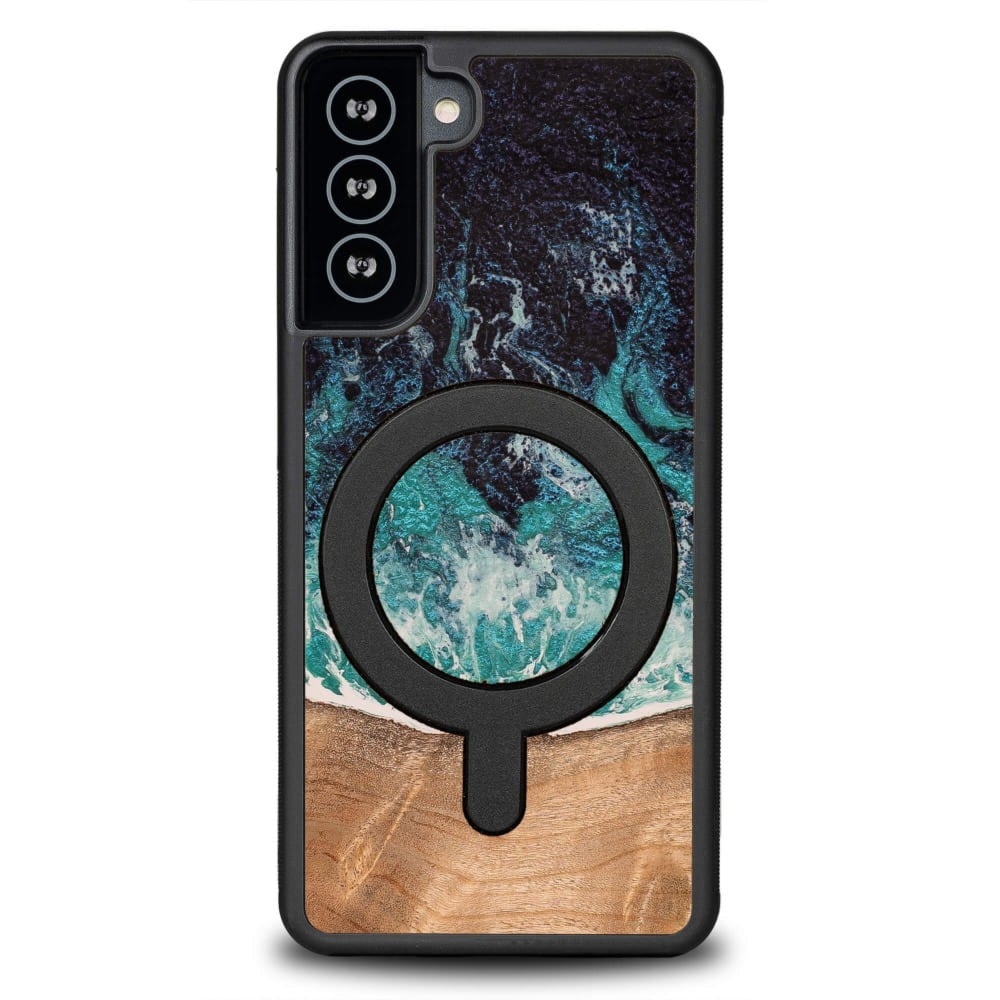 Drewniane etui do Galaxy S21 FE, Bewood Unique Dream Island do MagSafe, niebiesko-brązowe