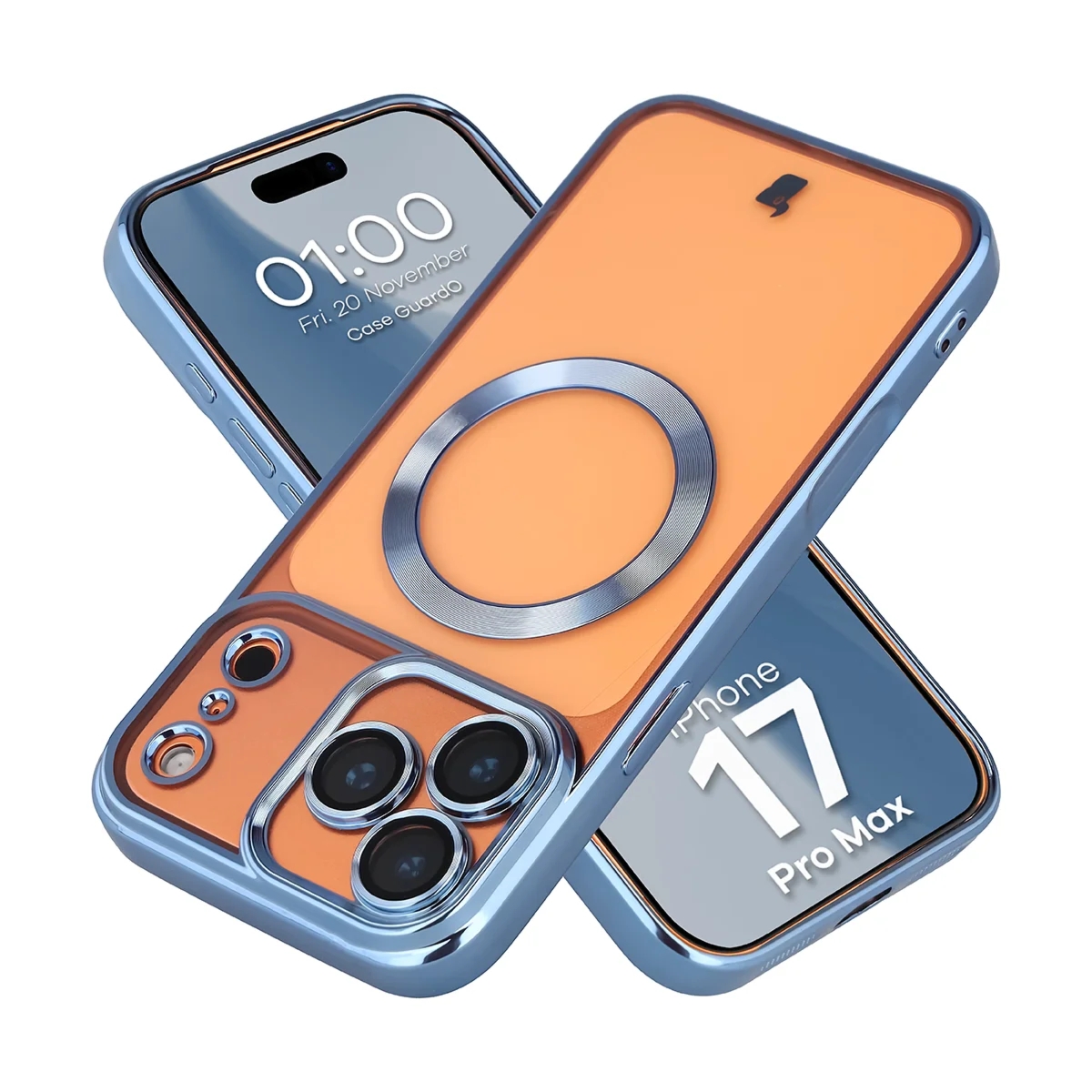 Etui z ochroną aparatu i pierścieniem magnetycznym Bizon Case GuardO do iPhone 17 Pro Max, przezroczysto-niebieskie