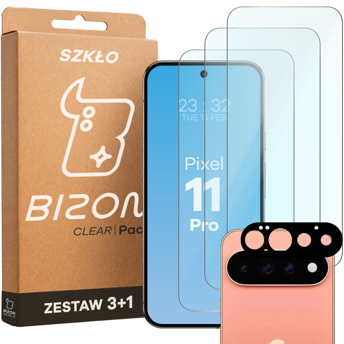 3x Szkło hartowane + szybka na aparat Bizon Glass Clear Pack do Google Pixel 11 Pro