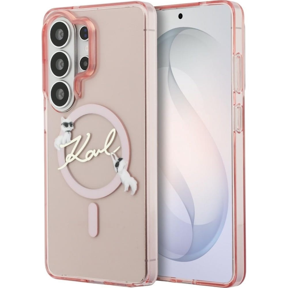 Etui Karl Lagerfeld IML Print MagSafe Karl Script do Galaxy S26 Ultra, półprzezroczyste różowe z kotką Choupette
