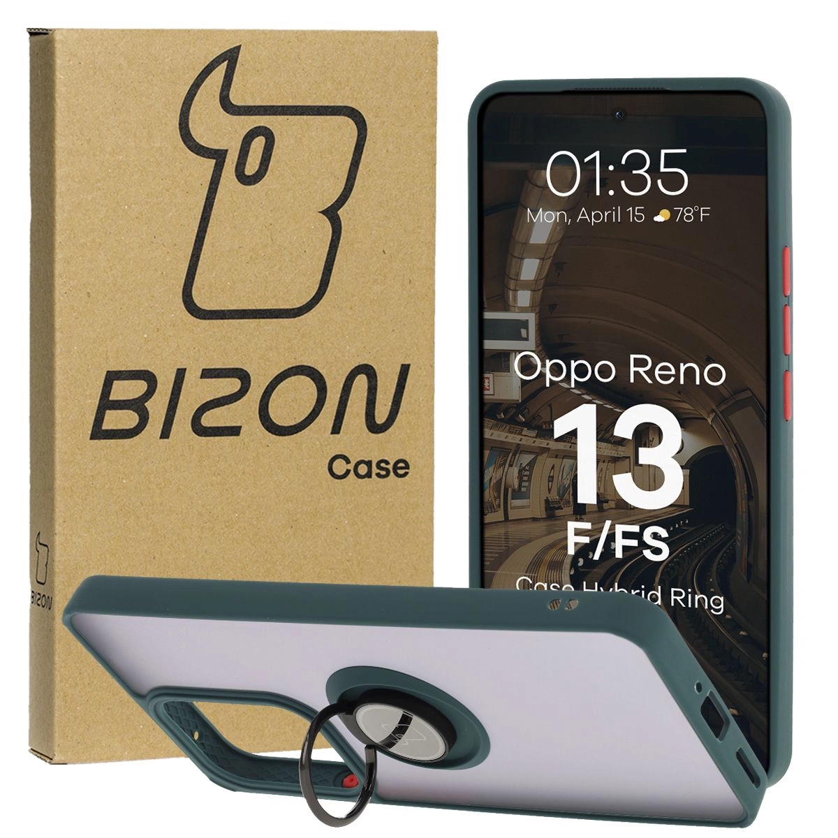 Image of Etui z uchwytem na palec Bizon Case Hybrid Ring do Oppo Reno13 F / FS, przydymione z ciemnozieloną ramką