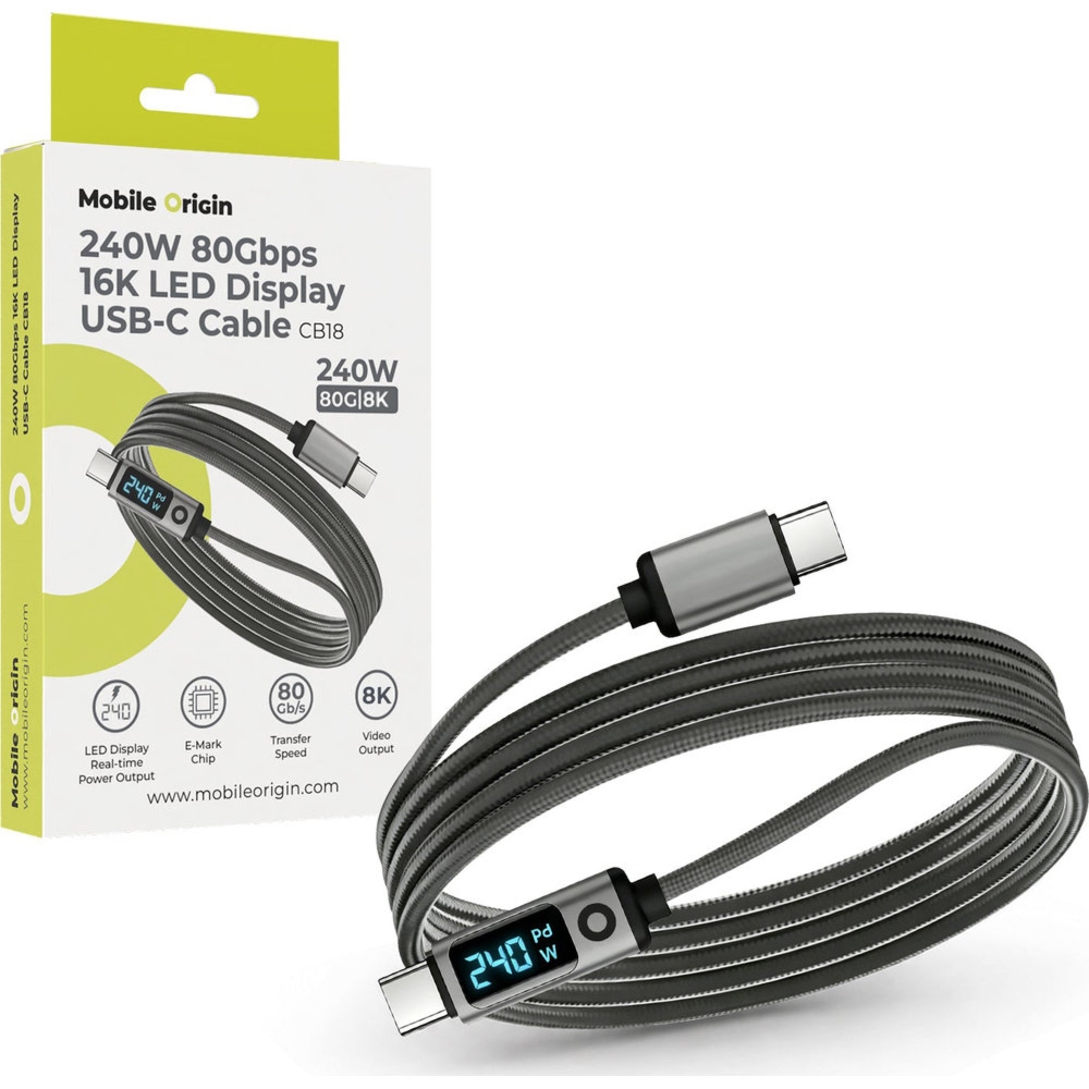Kabel USB-C/USB-C z wyświetlaczem Mobile Origin CB18, PD 240W, 8K/60Hz, 80Gb/s, 1,50 m, szary