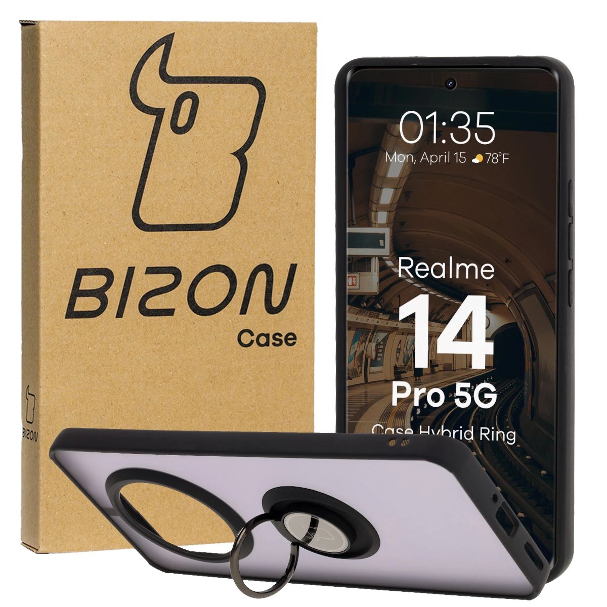 Image of Etui z uchwytem na palec Bizon Case Hybrid Ring do Realme 14 Pro 5G, przydymione z czarną ramką