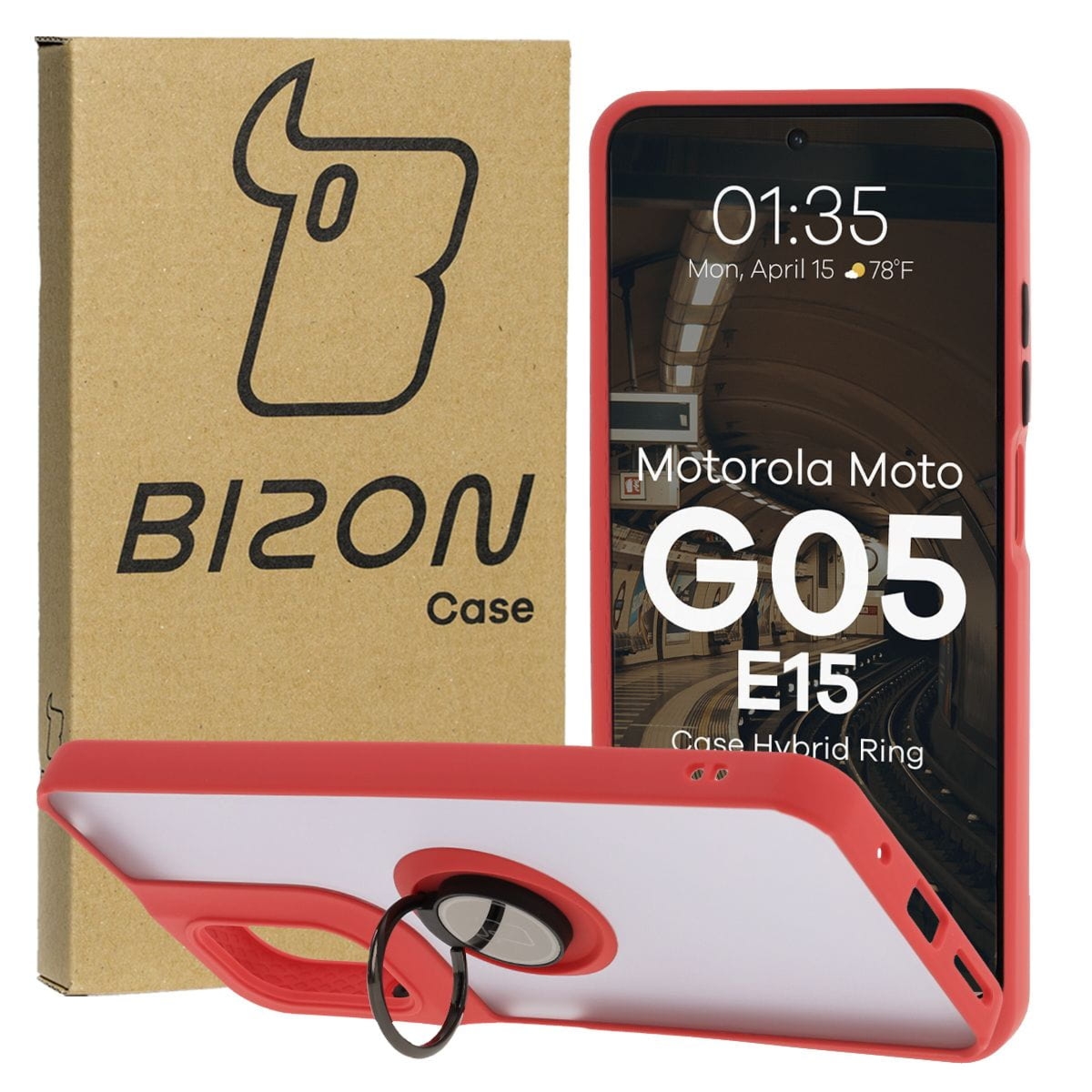 Etui z uchwytem na palec Bizon Case Hybrid Ring do Motorola Moto G05 / E15, przydymione z czerwoną ramką