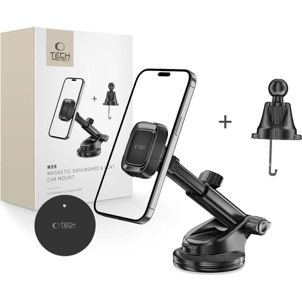 Image of Uchwyt samochodowy, magnetyczny do kratki nawiewu / deski rozdzielczej / szyby do MagSafe Tech-Protect N59, czarny