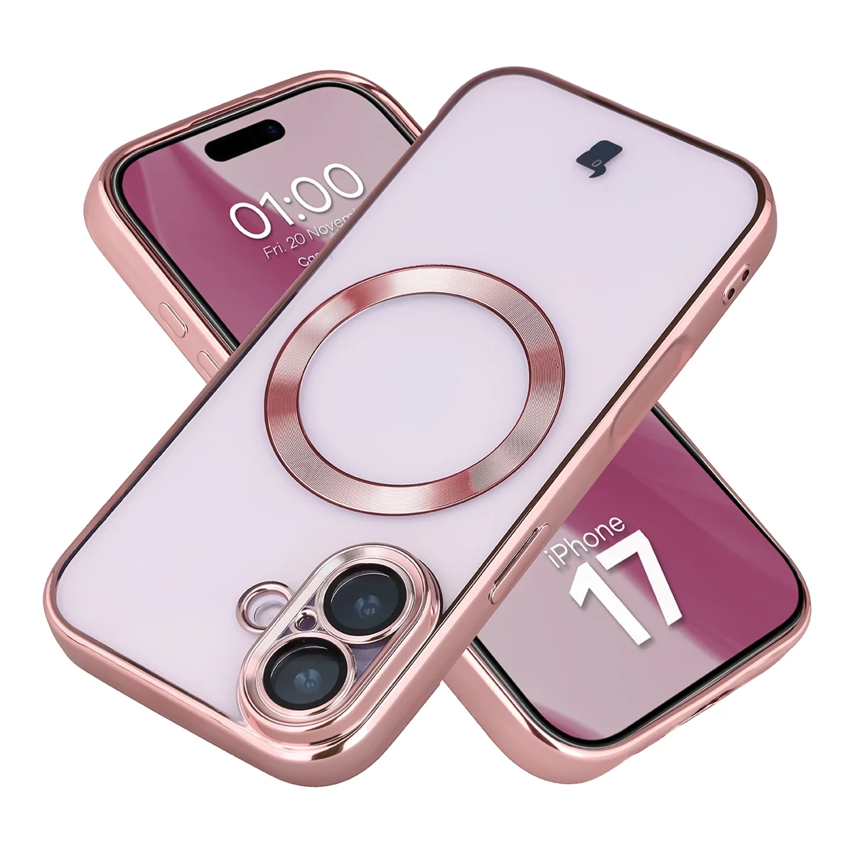 Etui z ochroną aparatu i pierścieniem magnetycznym Bizon Case GuardO do iPhone 17, przezroczysto-różowe