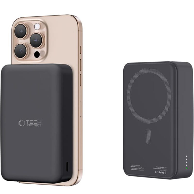 Image of Powerbank indukcyjny Tech-Protect LifeMag PB12 do MagSafe, 1x USB-A/USB-C, 15W, 20000mAh + kabel USB-C, czarny