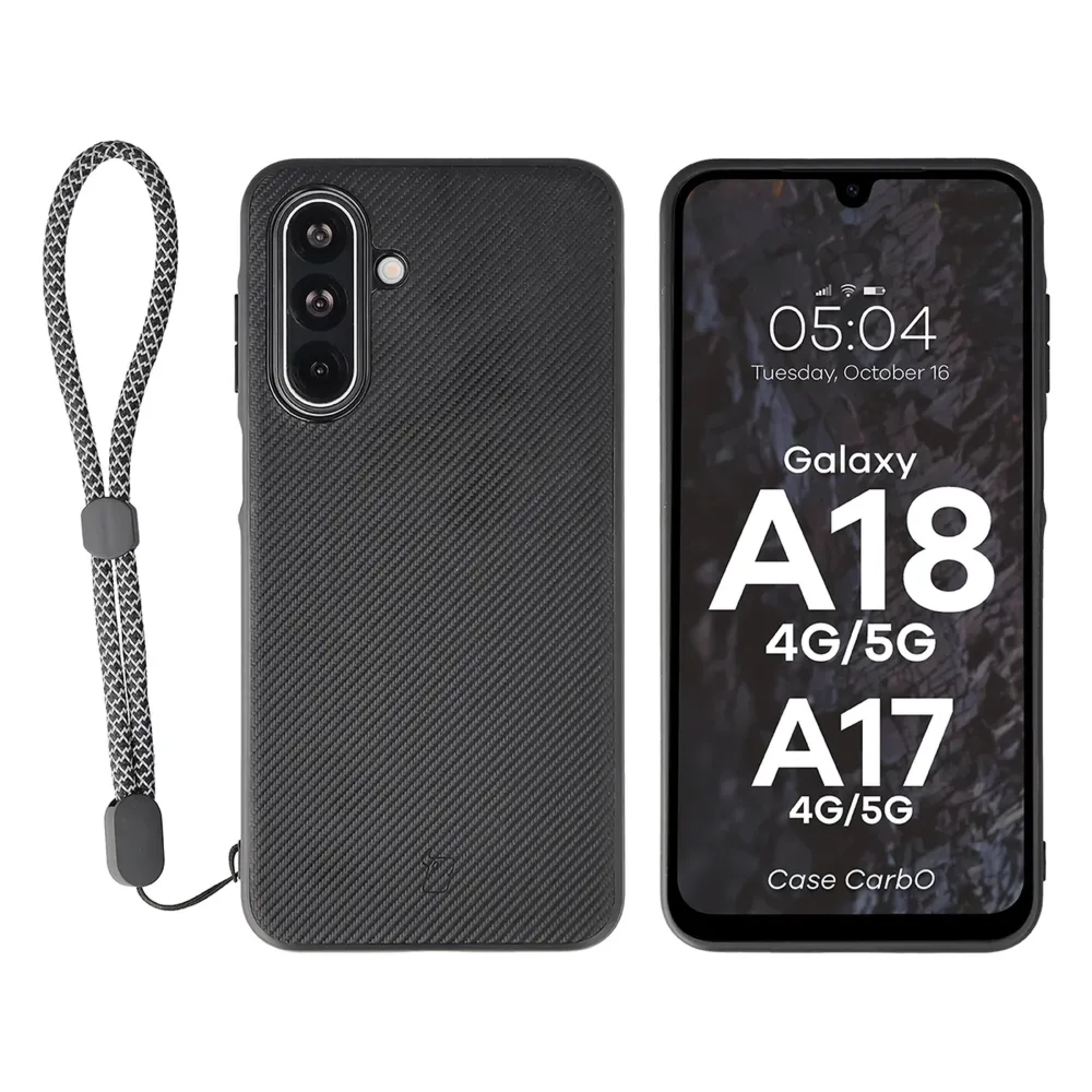 Etui ze smyczką na nadgarstek i pierścieniem magnetycznym Bizon Case CarbO do Galaxy A18 4G/5G / A17 4G/5G, czarne