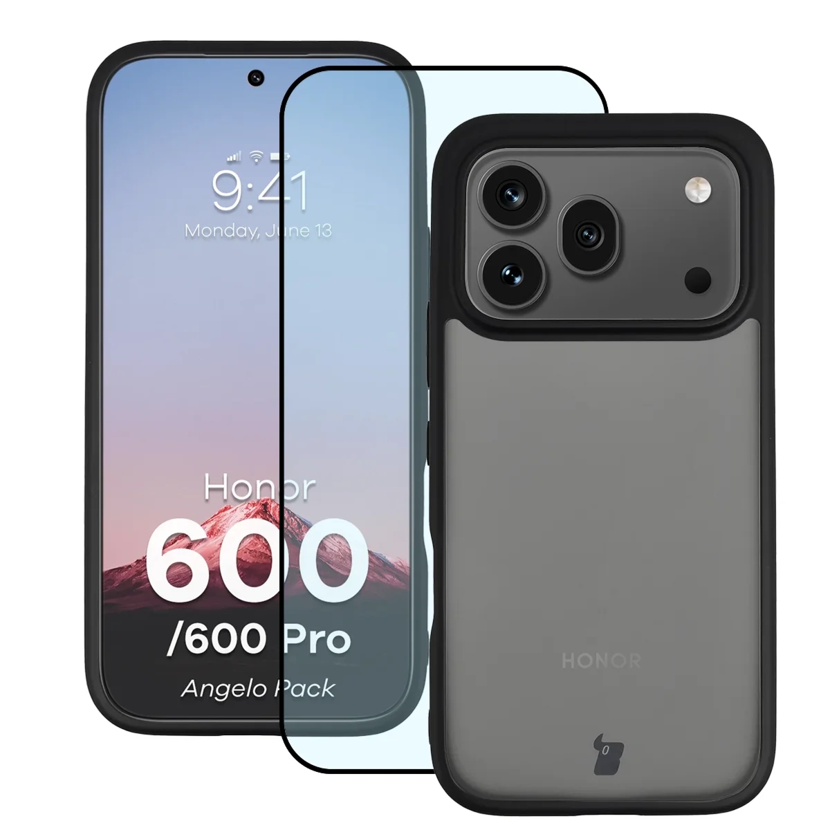 Etui + szkło hartowane Bizon Angelo Pack do Honor 600 5G / 600 Pro 5G, przydymione z czarną ramką