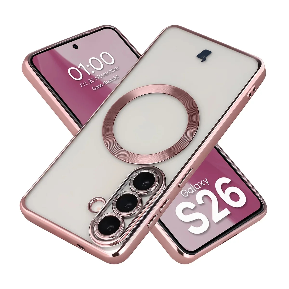 Etui z ochroną aparatu i pierścieniem magnetycznym Bizon Case GuardO do Galaxy S26, przezroczysto-różowe
