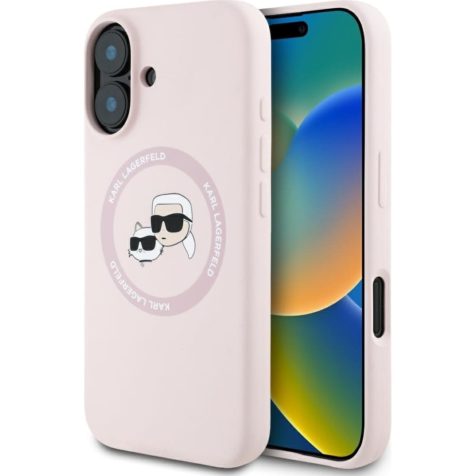 Image of Etui Karl Lagerfeld Hard Case Silicone Karl & Choupette Heads Ring MagSafe do iPhone 16, różowe