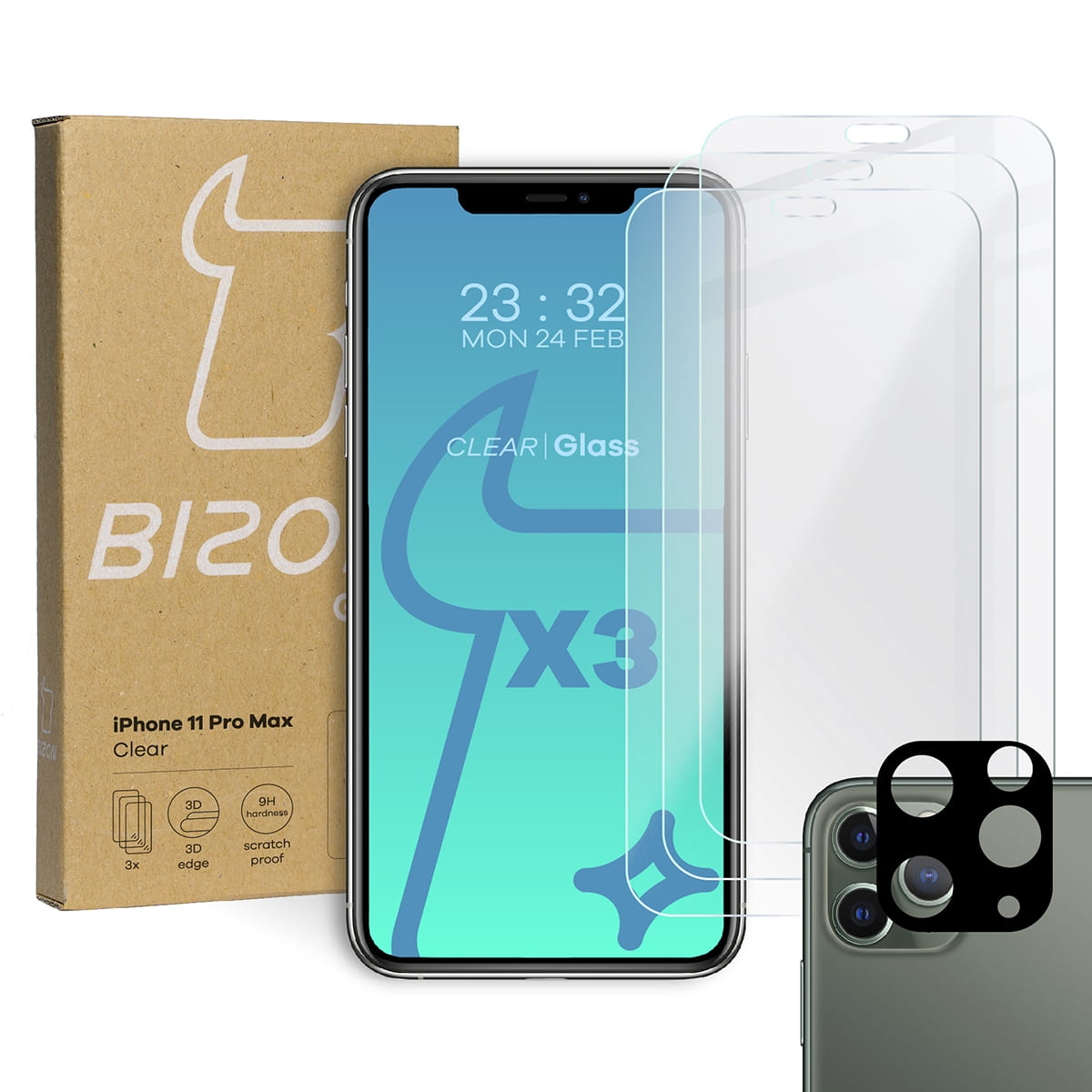 Image of 3x Szkło hartowane + szybka na aparat Bizon Glass Clear Pack, iPhone 11 Pro Max