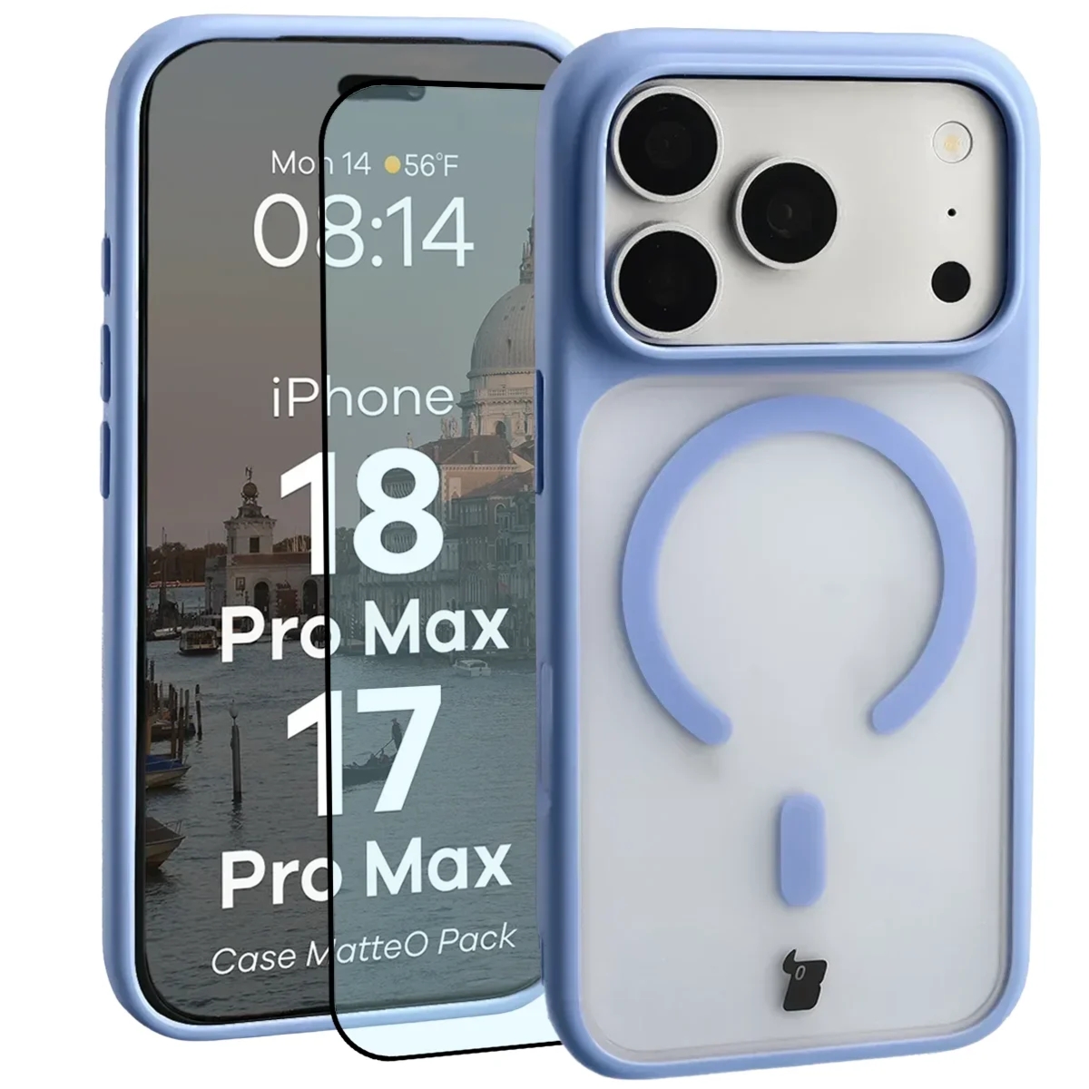 Etui z pierścieniem magnetycznym + szkło hartowane Bizon MatteO Pack do iPhone 18 Pro Max / 17 Pro Max, półprzezroczyste z jasnoniebieską ramką