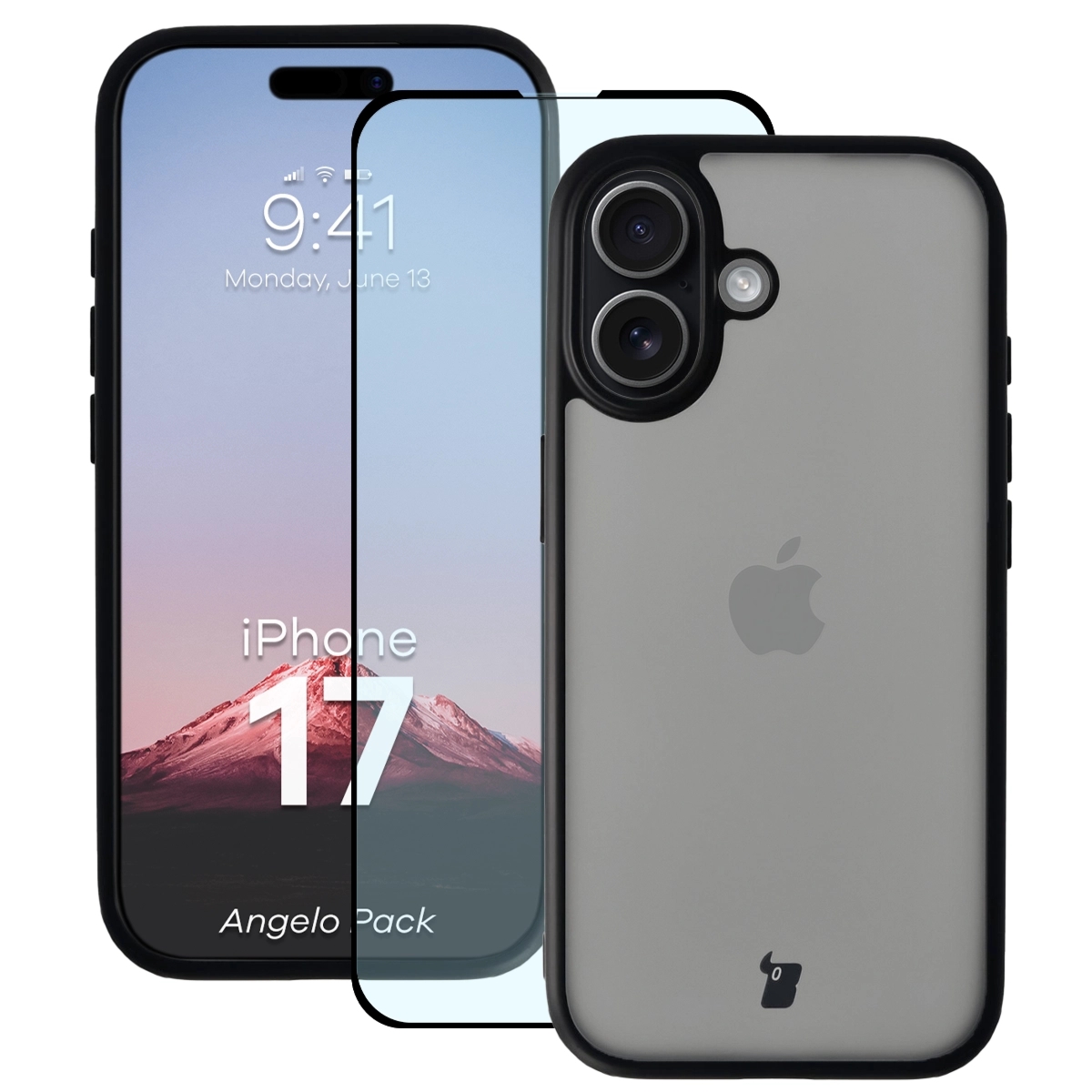 Etui + szkło hartowane Bizon Angelo Pack do iPhone 17, przydymione z czarną ramką