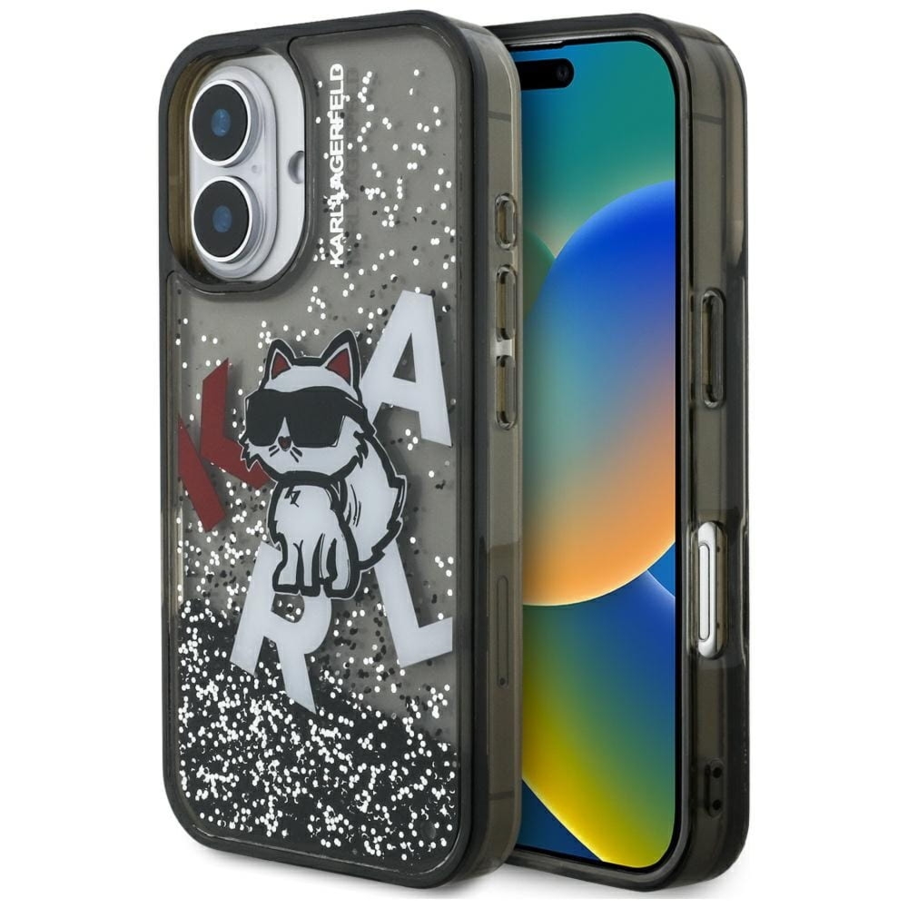 Etui Karl Lagerfeld Liquid Glitter Choupette Logo do iPhone 16, czarne