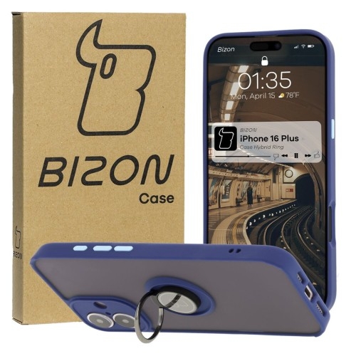 Image of Etui z uchwytem na palec Bizon Case Hybrid Ring do iPhone 16 Plus, przydymione z granatową ramką