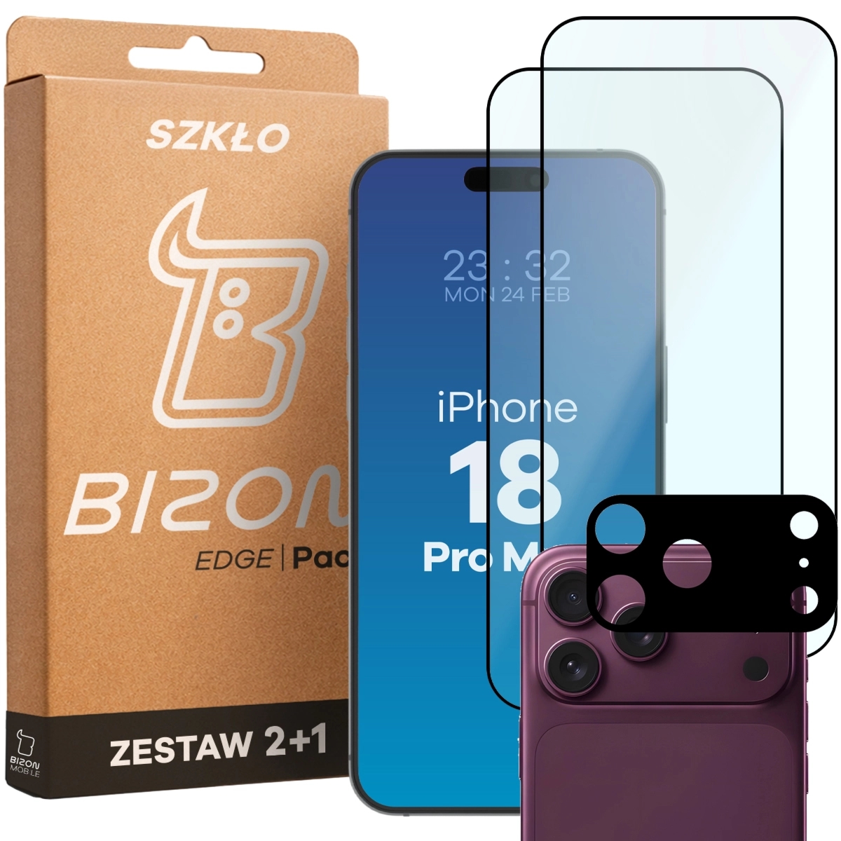 2x Szkło + szybka na aparat Bizon Glass Edge Pack do iPhone 18 Pro Max