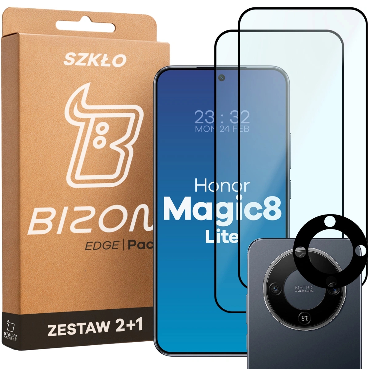 2x Szkło + szybka na aparat Bizon Glass Edge Pack do Honor Magic8 Lite