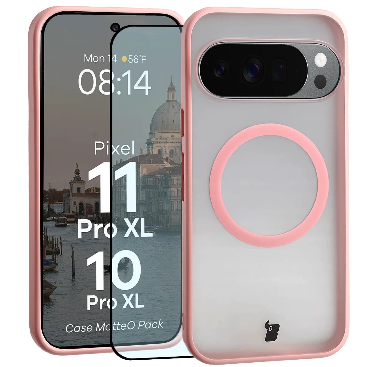 Etui z pierścieniem magnetycznym + szkło hartowane Bizon MatteO Pack do Google Pixel 11 Pro XL / 10 Pro XL, przydymione-jasnoróżowe