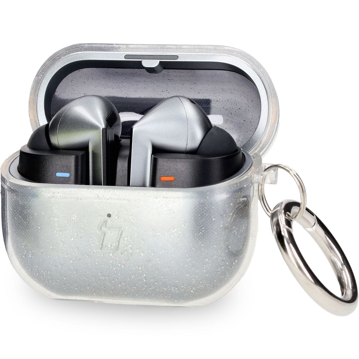 Image of Elastyczne etui z karabińczykiem Bizon Case Headphone Clear do Galaxy Buds 3/3 Pro, przeźroczysto-brokatowe