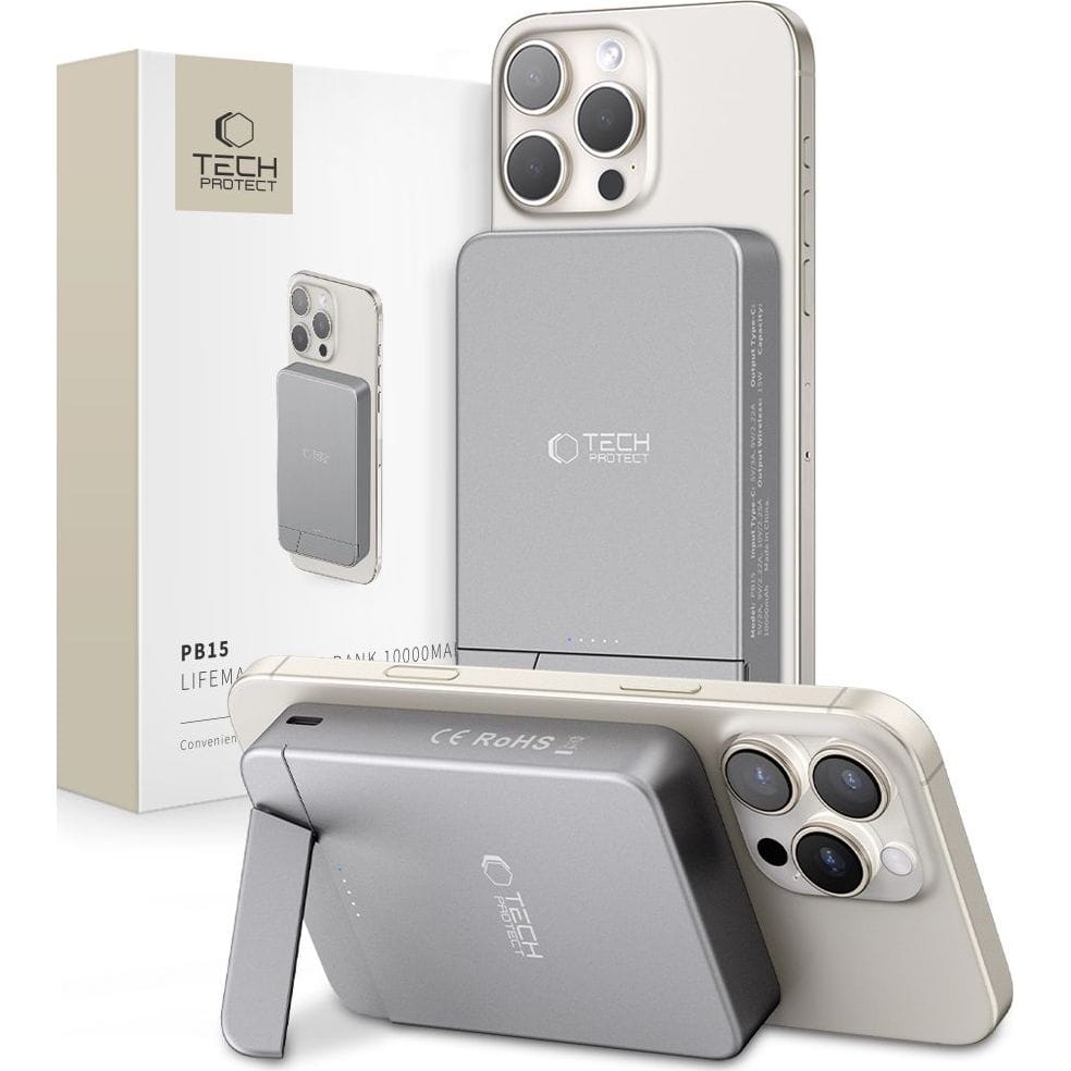 Image of Powerbank indukcyjny Tech-Protect LifeMag PB15 do MagSafe, USB-C, 15W, 10000mAh + kabel USB-C, szary