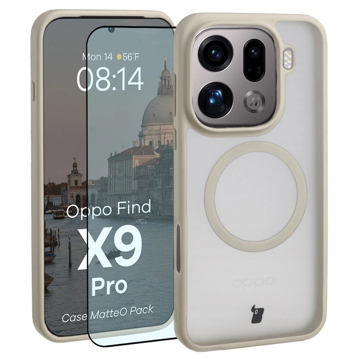 Etui z pierścieniem magnetycznym + szkło hartowane Bizon MatteO Pack do Oppo Find X9 Pro, przydymione-beżowe