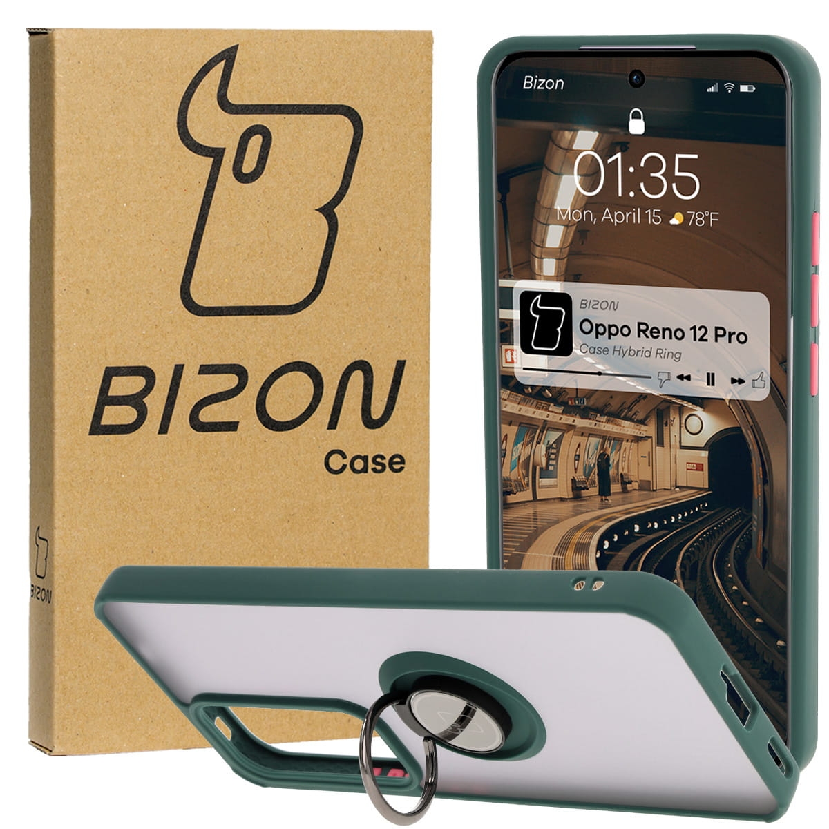 Image of Etui z uchwytem na palec Bizon Case Hybrid Ring do Oppo Reno 12 Pro, przydymione z ciemnozieloną ramką