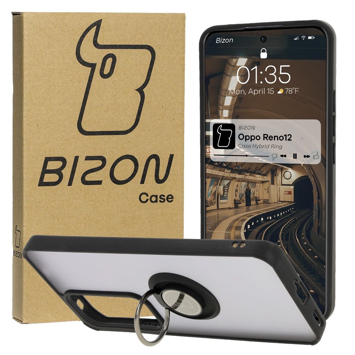 Image of Etui z uchwytem na palec Bizon Case Hybrid Ring do Oppo Reno 12, przydymione z czarną ramką