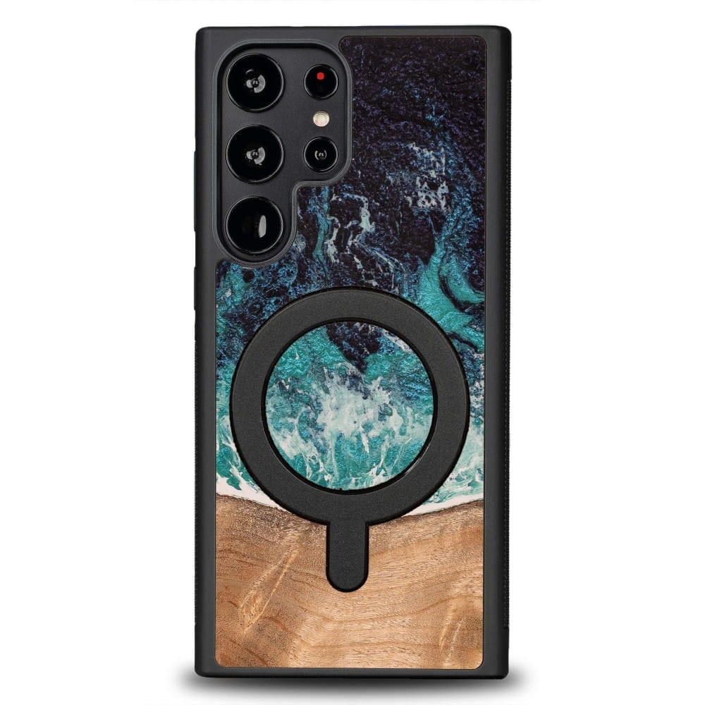Drewniane etui do Galaxy S22 Ultra, Bewood Unique Dream Island do MagSafe, niebiesko-brązowe