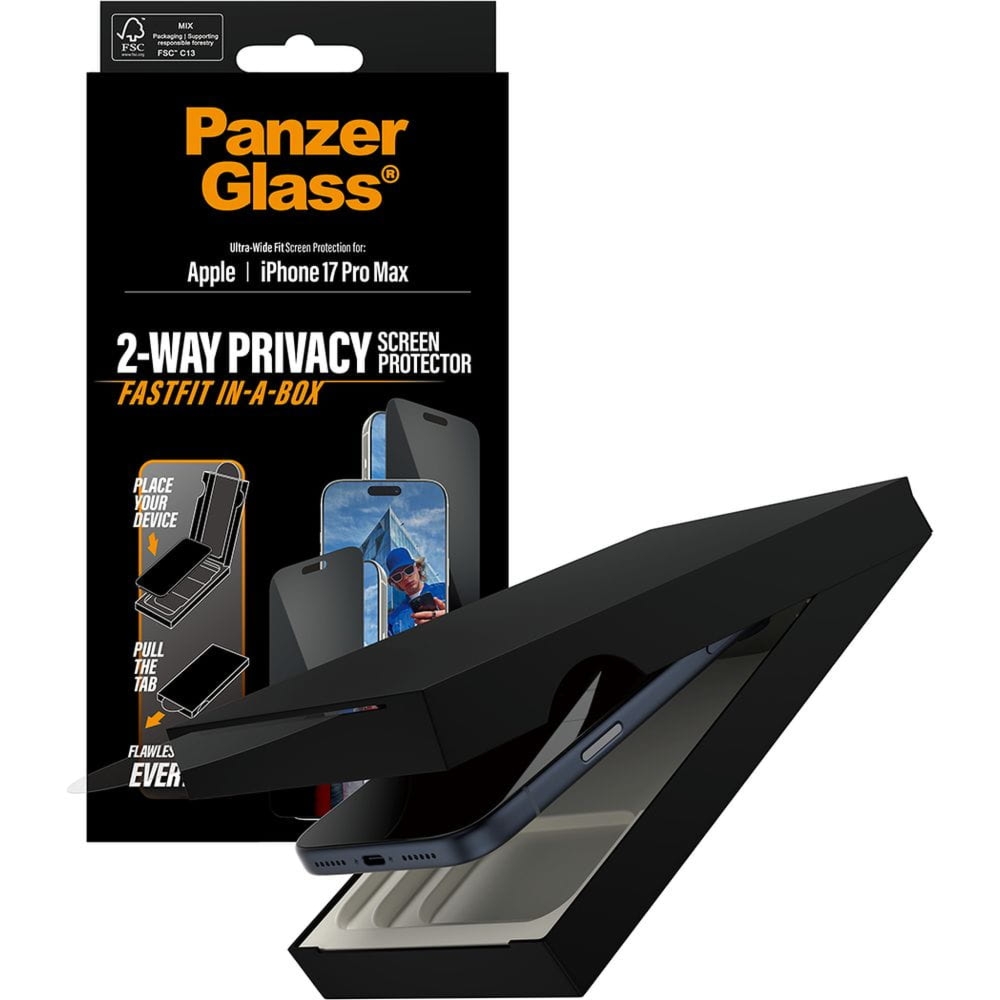 Szkło prywatyzujące z aplikatorem PanzerGlass 2-way Privacy Ultra-Wide Fit Fastfit do iPhone 17 Pro Max