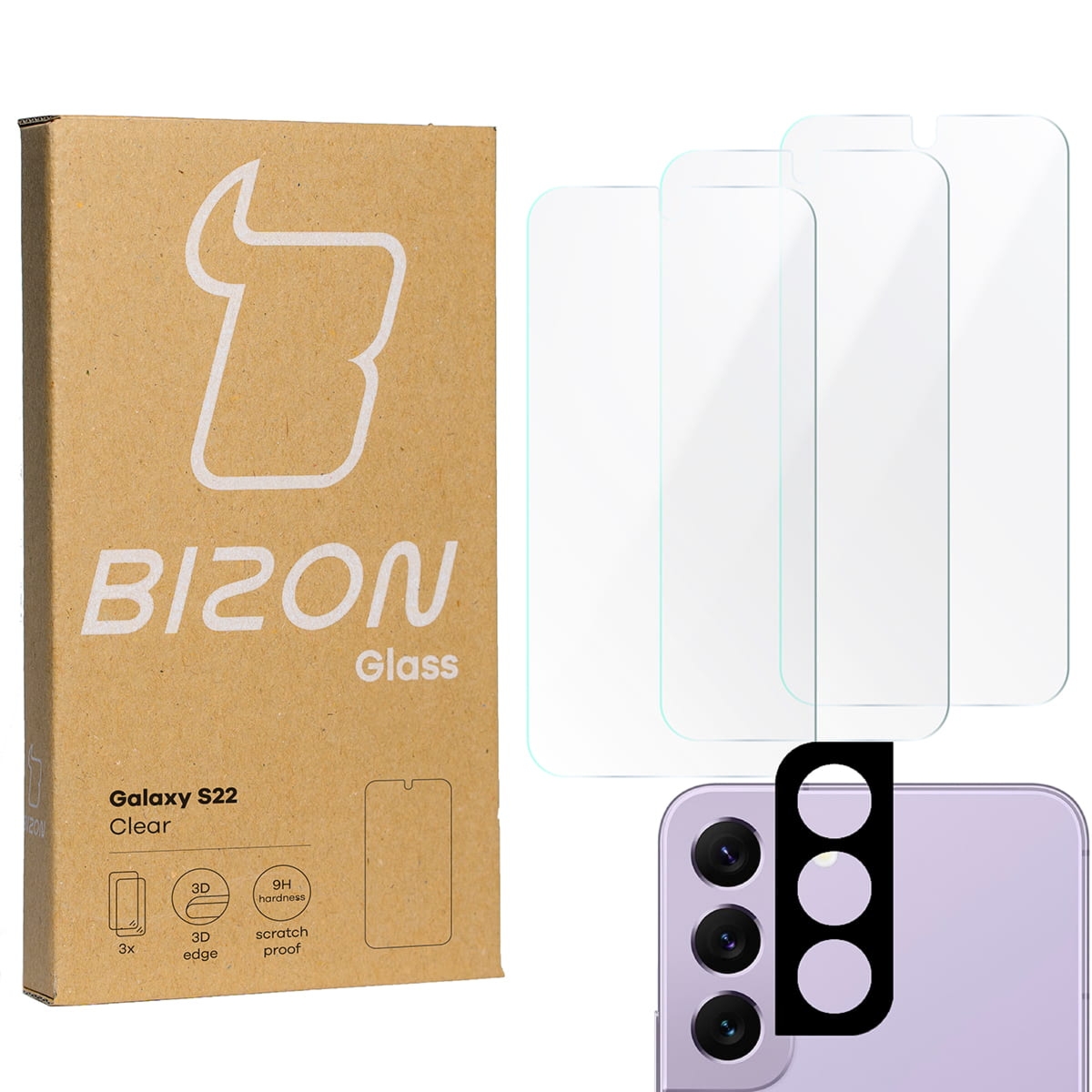 3x Szkło hartowane + szybka na aparat Bizon Glass Clear Pack, Galaxy S22