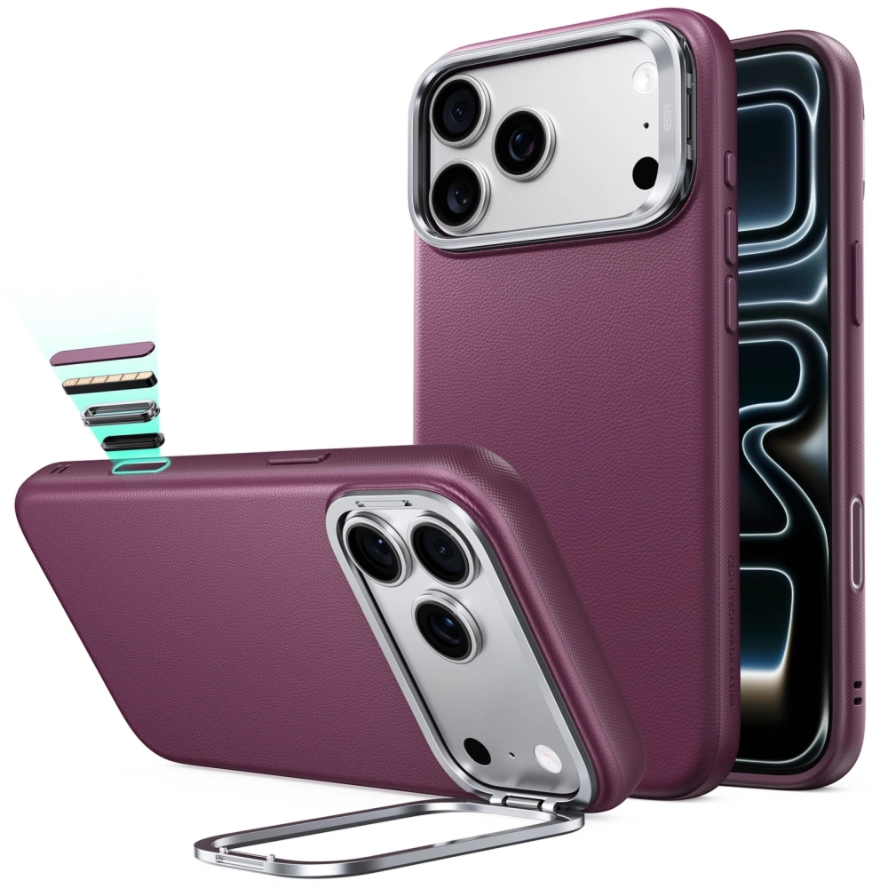 Etui skórzane z podstawką ESR Atelier Kickstand do MagSafe do iPhone 18 Pro / 17 Pro, burgundowe