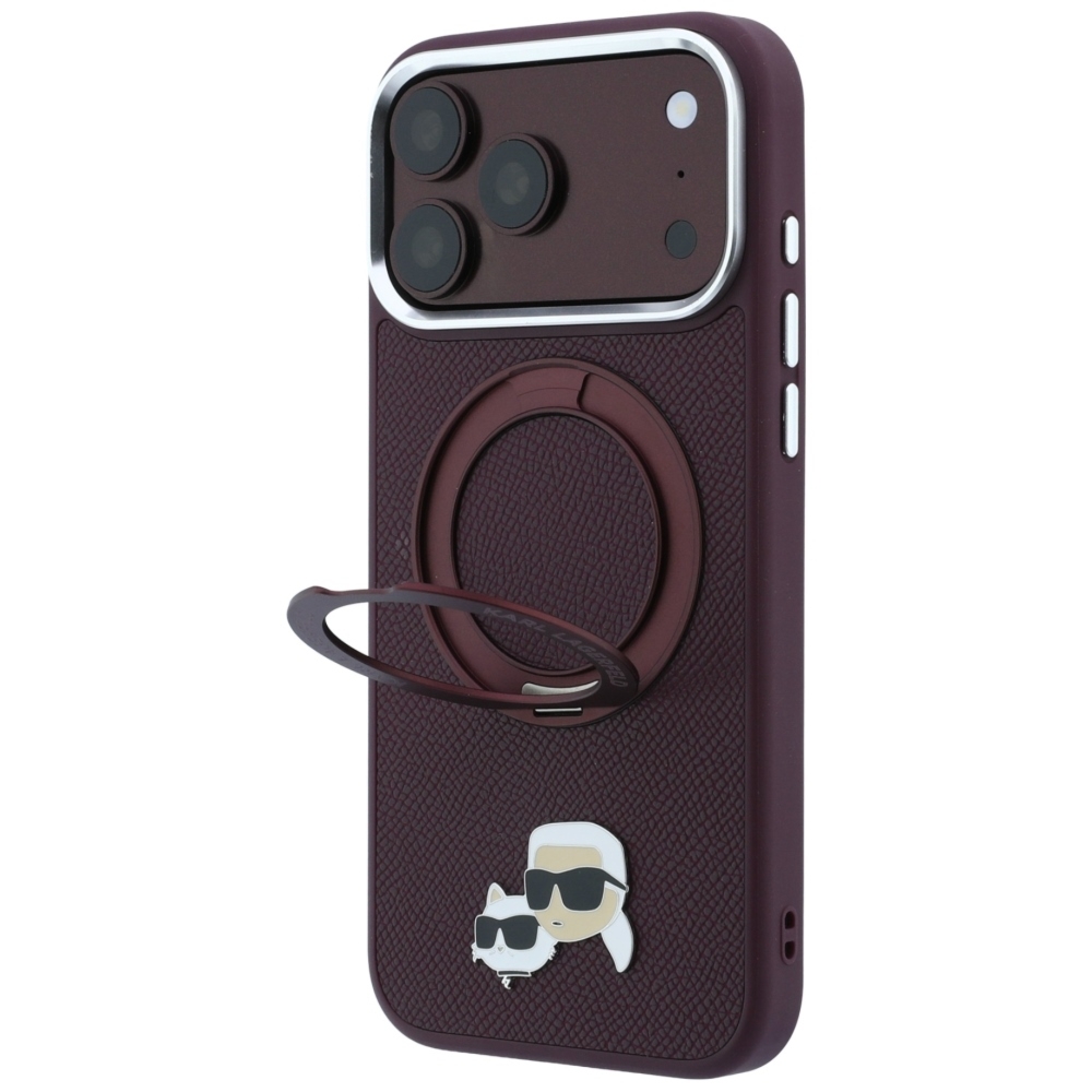 Etui Karl Lagerfeld Ring Stand 360 Karl Choupette Heads Pin do iPhone 18 Pro / 17 Pro do MagSafe, burgundowe