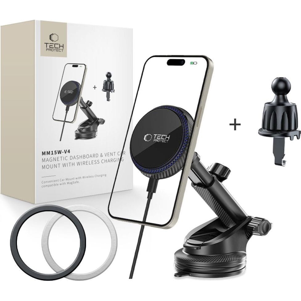 Uchwyt samochodowy z ładowaniem indukcyjnym Tech-Protect MM15W-V4 do kratki nawiewu / deski rozdzielczej / szyby do MagSafe, 15W, czarny