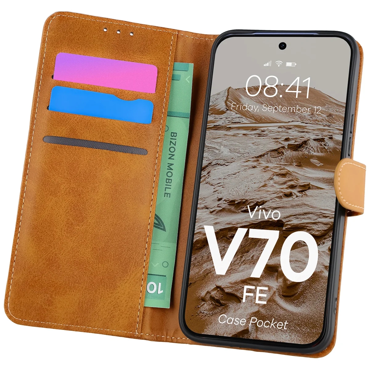 Etui z klapką Bizon Case Pocket do Vivo V70 FE 5G, brązowe