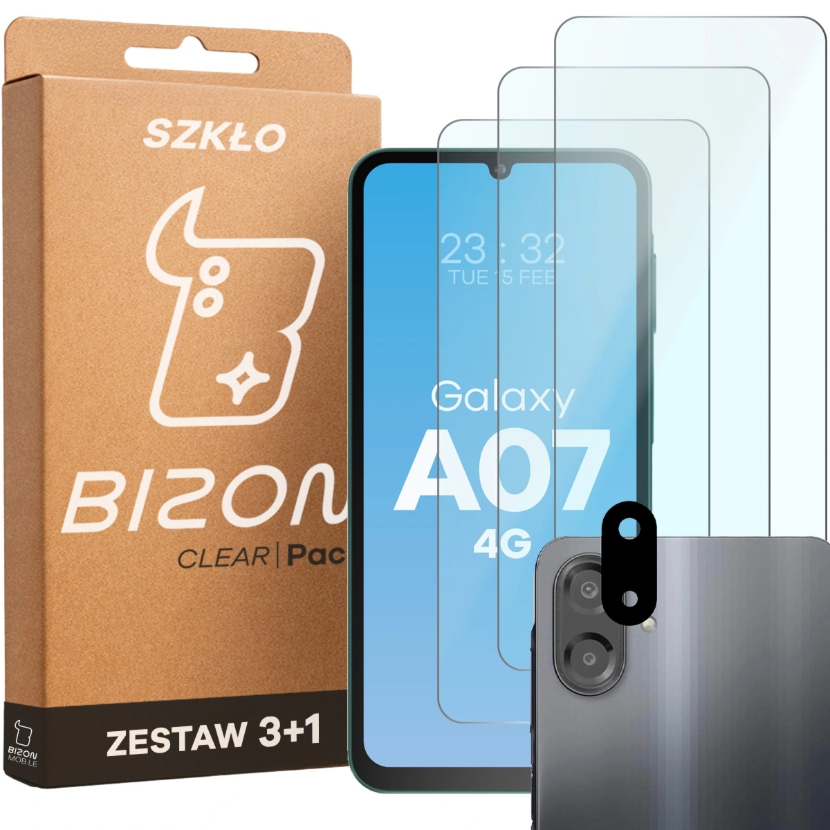 3x Szkło hartowane + szybka na aparat Bizon Glass Clear Pack do Galaxy A07 4G