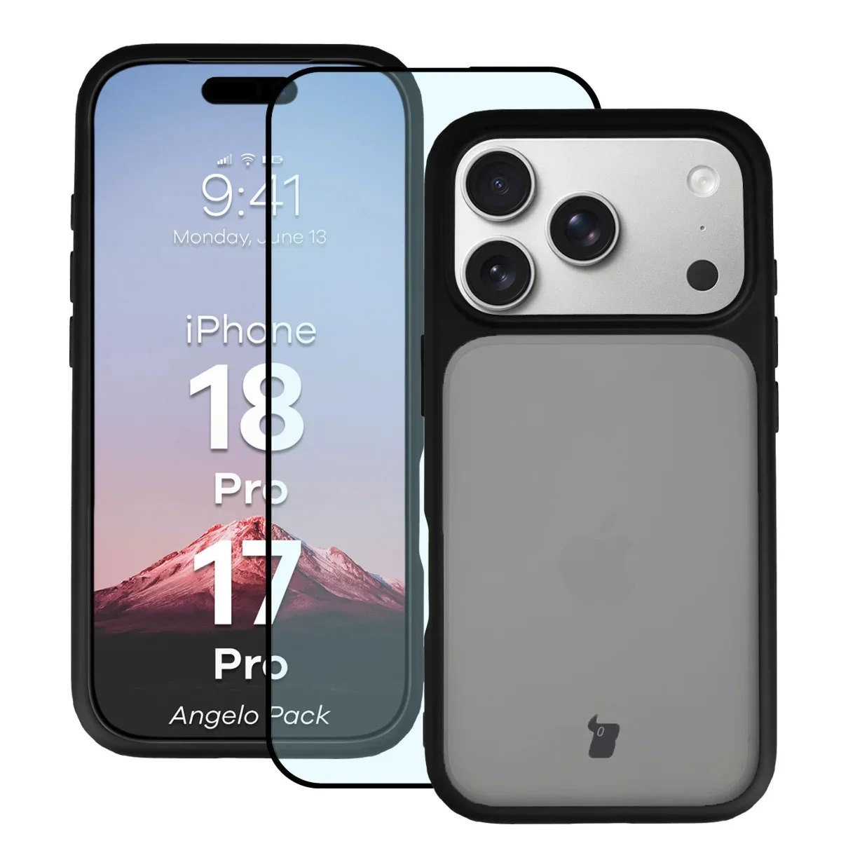 Etui + szkło hartowane Bizon Angelo Pack do iPhone 18 Pro / 17 Pro, przydymione z czarną ramką