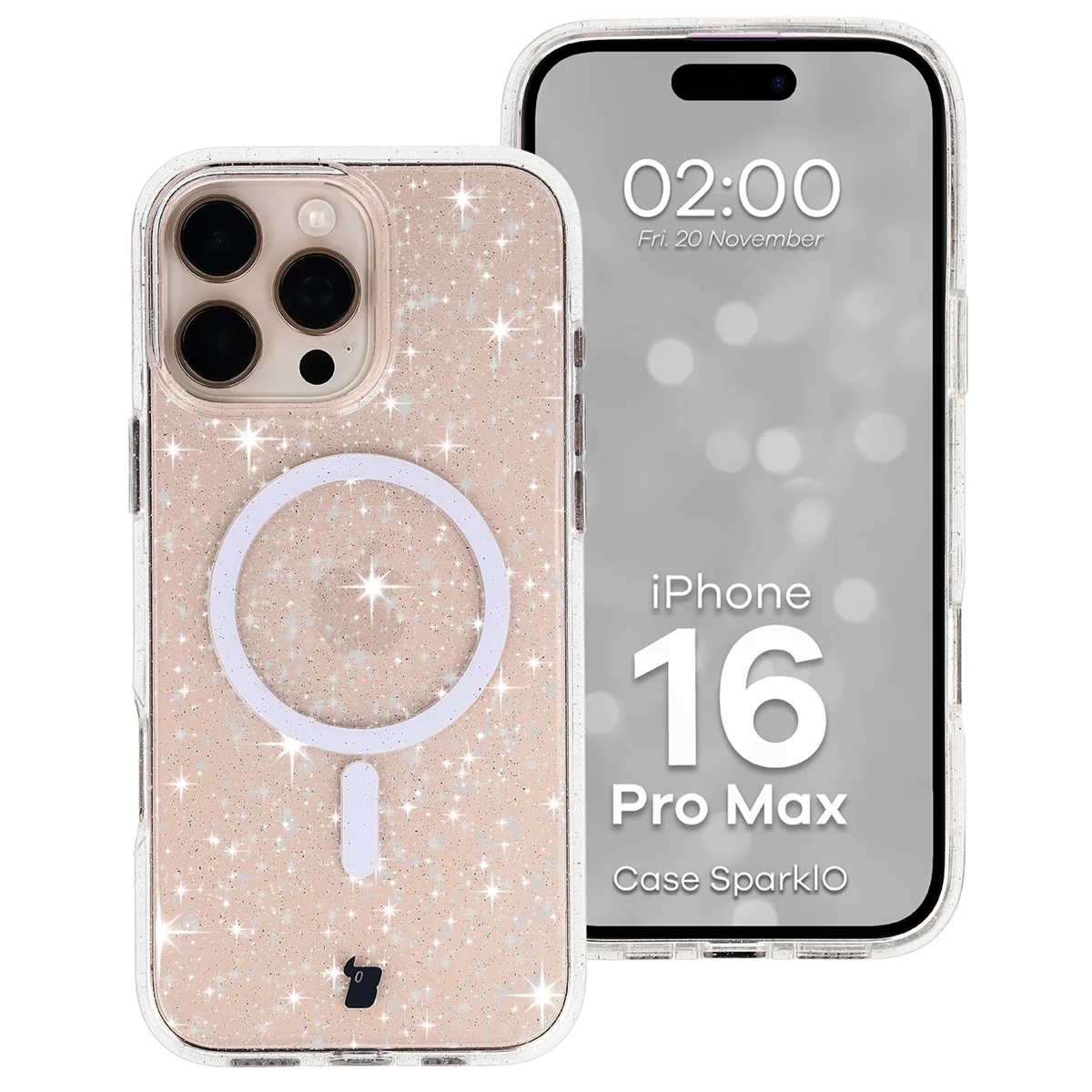Etui brokatowe z pierścieniem magnetycznym Bizon Case SparklO do iPhone 16 Pro Max, przezroczyste z brokatem