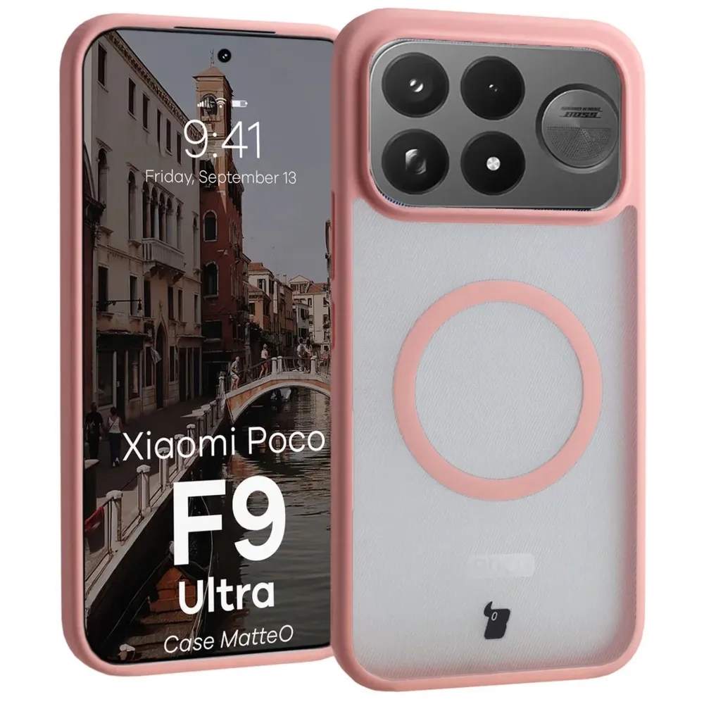 Etui z pierścieniem magnetycznym Bizon Case MatteO do Xiaomi POCO F9 Ultra, przydymione-jasnoróżowe